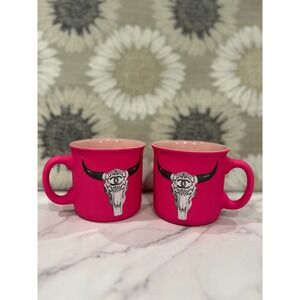 Fig & Fern Hot Pink Steer Skull Interlocking C Coffee Mugs Set of 2 Boho Western